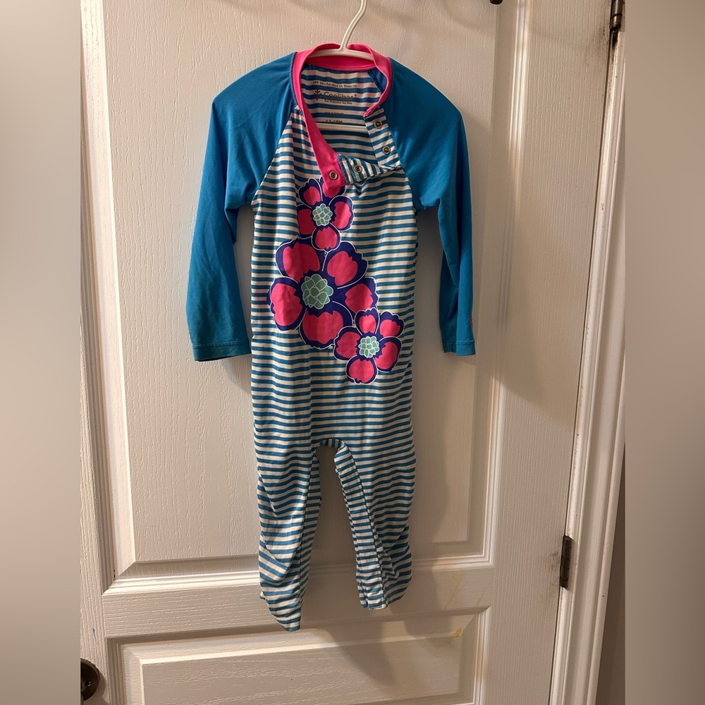 Coolibar Teal Raglan & Hot Pink Floral Stripe Sun One-Piece Footie